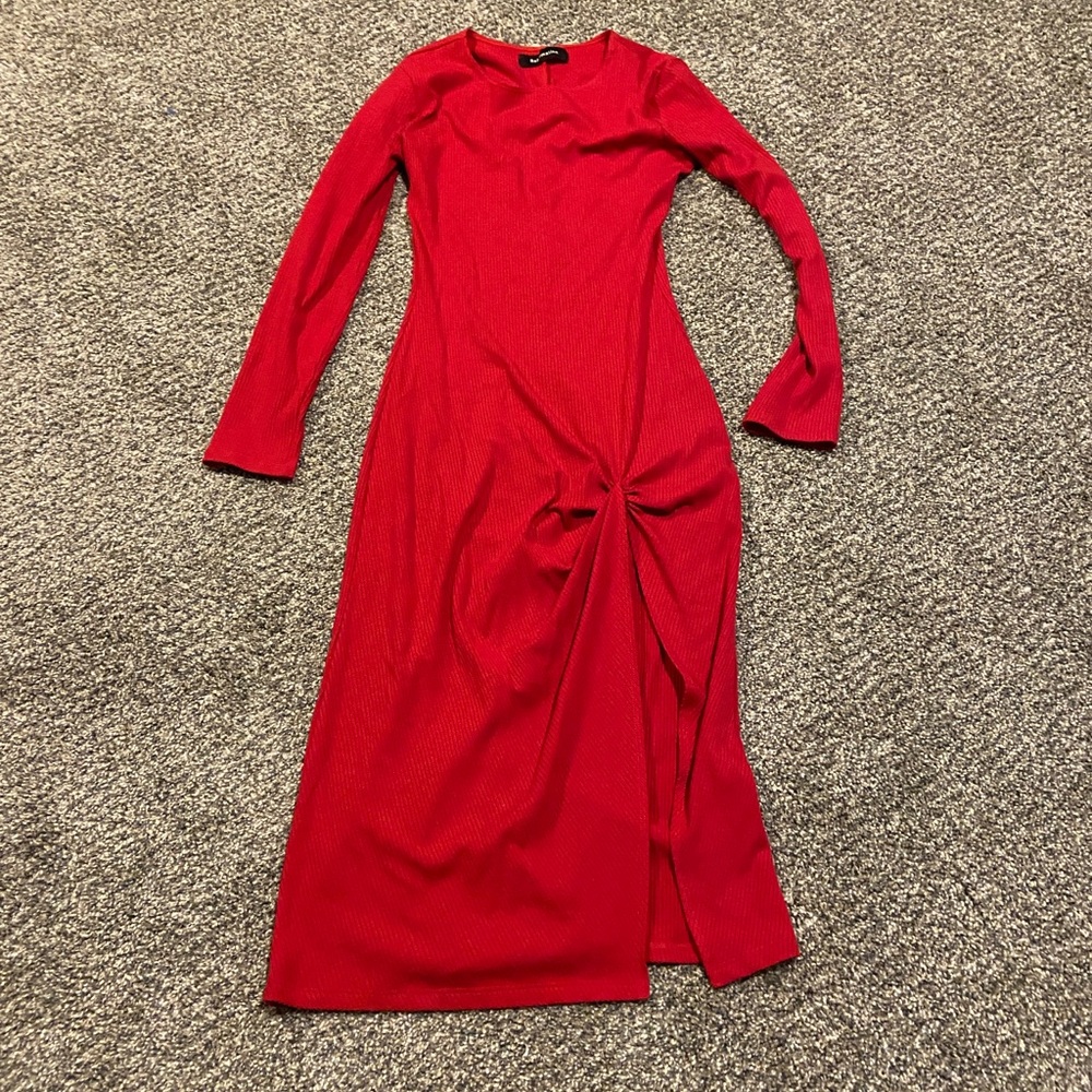 Reformation Long Sleeve Ribbed Twist Tie Slit Red Maxi Dress - Medium